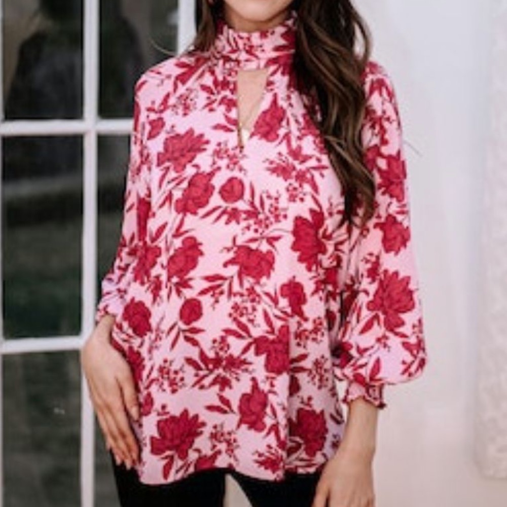 Veronica M Mock Neck Blouse Floral Dark Pink NEW